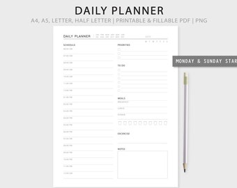 Fillable Daily Planner Printable: Hourly Schedule, To-Do List (A4/A5/Letter/Half Letter)
