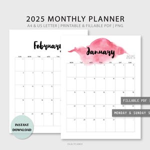 2025 Monthly Calendar | Printable Fillable Vertical Calendar | Watercolor Calendar Template | A4, US LETTER | Monday & Sunday Start