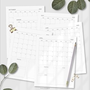 May include: A printable calendar planner for the months of April, June, July, August, and September. The calendar pages are blank and include sections for priorities, notes, and to-do lists.