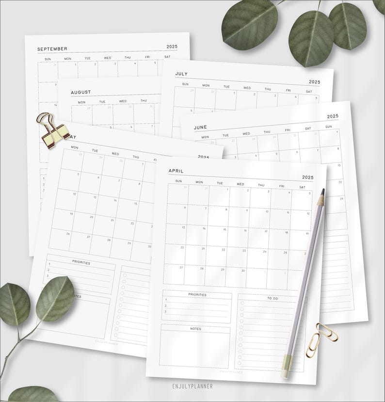 May include: A printable calendar planner for the months of April, June, July, August, and September. The calendar pages are blank and include sections for priorities, notes, and to-do lists.