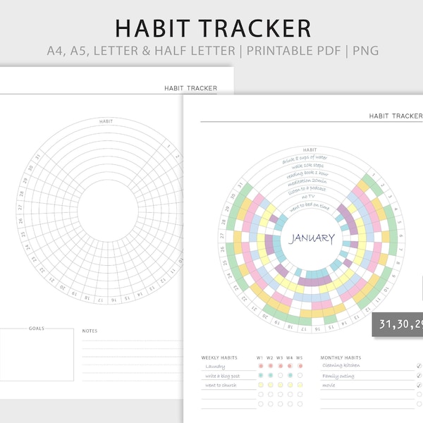 Printable Circle Habit Tracker | Monthly Habit Goals Track | Habit Challenge | Motivation Planner | PNG | Filofax A5 | Instant Download