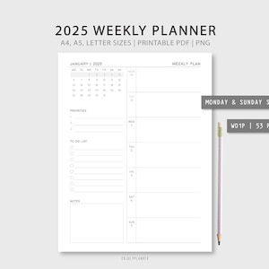 Planificador semanal con fecha para 2025 / Agenda semanal imprimible / WO1P / Vista general de la semana / PNG / Carta, A4, Filofax A5