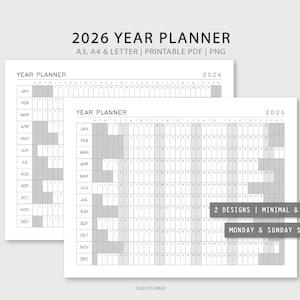 Utskrivbar årsplanerare 2026: A3 A4 Letter-storlek (redigerbar PDF och PNG)