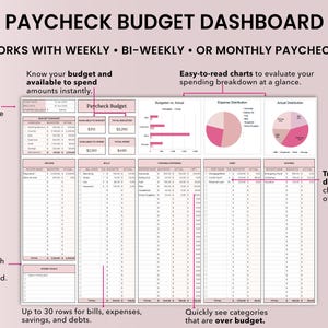 May include: A printable budget spreadsheet planner with a pink and gray color scheme. The planner includes sections for income, bills, expenses, savings, and debt. It also features charts and graphs to help you track your spending and savings. It is a excel budget spreadsheet for paycheck budgeting.