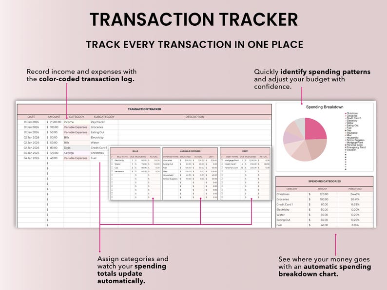 May include: A printable budget spreadsheet planner with a pink and gray color scheme. The planner includes sections for income, bills, expenses, savings, and debt. It also features charts and graphs to help you track your spending and savings. It is a excel budget spreadsheet for excel
