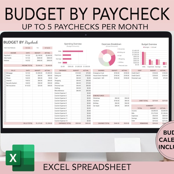 Excel Budget By Paycheck Spreadsheet, Paycheck Budget Dashboard, Budget Tracker, Bi-weekly Budget Template Excel