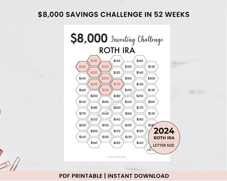8000 Roth IRA Savings Challenge tracker, 8,000 Savings Tracker, Emergency Fund Printable, Money Saving Challenge Printable, Investment image 4