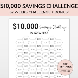 10K Savings Challenge in a Year,  Money Saving Challenge printable,  10k Saving Challenge Printable, 10000 Savings Challenge in 52 Weeks