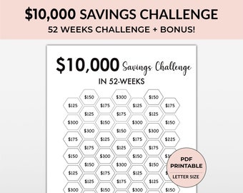 10K Savings Challenge in a Year,  Money Saving Challenge printable,  10k Saving Challenge Printable, 10000 Savings Challenge in 52 Weeks
