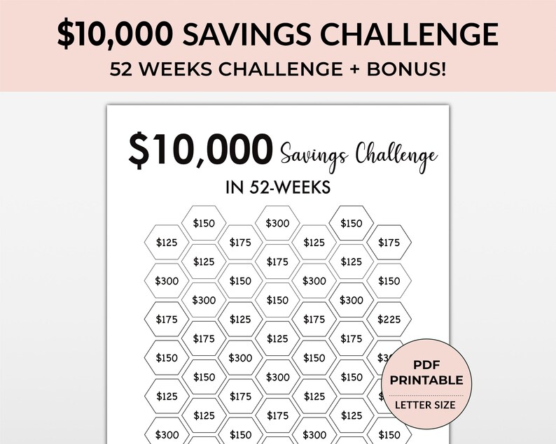 May include: A printable savings challenge chart with a honeycomb design. The chart is titled "$10,000 Savings Challenge in 52 Weeks". The chart includes amounts to save each week, ranging from $125 to $300. The chart is labeled "PDF Printable Letter Size".