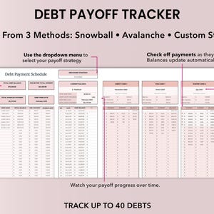 May include: Debt payoff tracker includes a debt snowball calculator spreadsheet with columns for month, date, payment, balance, and a section for each debt type: credit card 1, credit card 2, personal loan, car note, and debt 5. Choose From 3 Methods: Snowball method, Avalanche method , and Custom strategy. The spreadsheet is designed to help users track their debt payments and create a plan to become debt-free. See estimated payoff dates for every debt and track up to 40 debts.