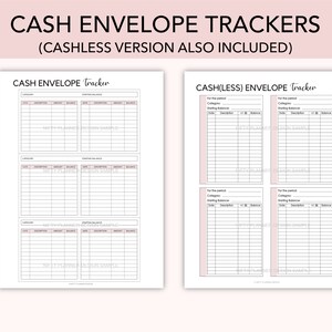 May include: Printable cash envelope tracker templates with two versions: one for cash and one for cashless transactions. The templates include sections for date, description, amount, and balance.