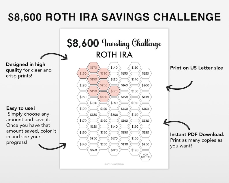 8600 Roth IRA 2026 Savings Challenge tracker, 8,600 Savings Tracker, Emergency Fund Printable, Money Saving Challenge Printable, Investment image 2