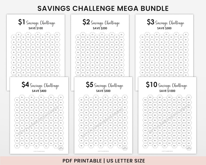 Image for Etsy showing 6 savings challenge printables to save $100, $200, $300, $400, $500, and  $1000 saving challenge printable