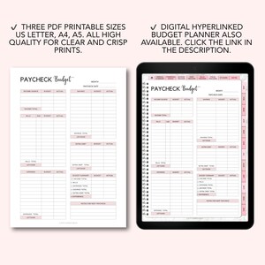 May include: Printable budget planner with a pink and white color scheme. The planner includes sections for income, bills, expenses, savings, and extra debt. The planner is available in three sizes: US Letter, A4, and A5.