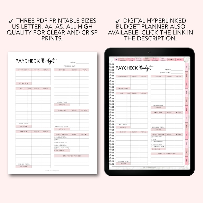 May include: Printable budget planner with a pink and white color scheme. The planner includes sections for income, bills, expenses, savings, and extra debt. The planner is available in three sizes: US Letter, A4, and A5.