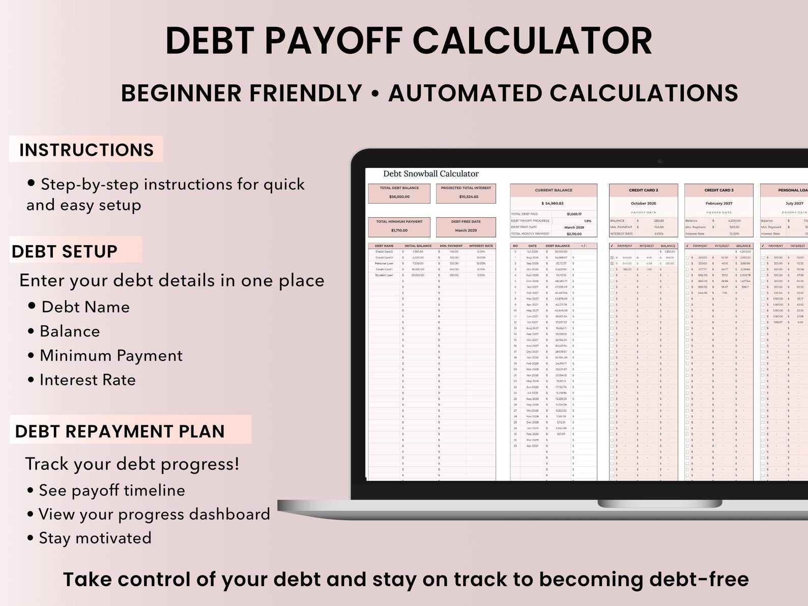 Debt Payoff Spreadsheet, Debt Snowball Calculator for Google Sheets