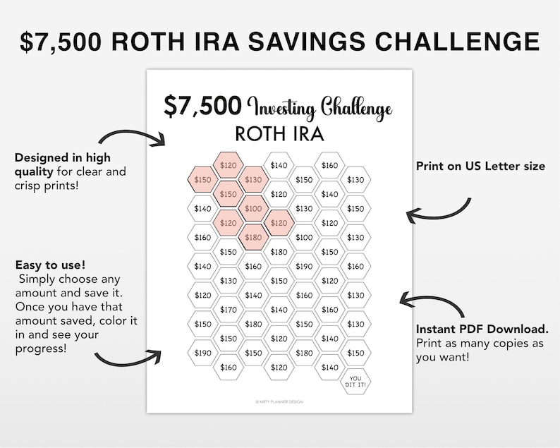 Tracker della sfida di risparmio Roth IRA 2026 da 7500, sfida di risparmio da 7500, fondo di emergenza stampabile, sfida di risparmio di denaro stampabile, immagine 2