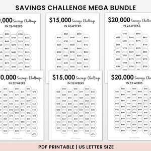 Image for Etsy showing 6 savings challenge printables to save $10000, $15000, $20000 challenges printable in 26 and 52 weeks