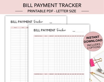 Bill Payment Tracker, Bill Payment Checklist , Monthly Bill Organizer, Monthly Bill Payment Log, Bill Payment Checklist Printable