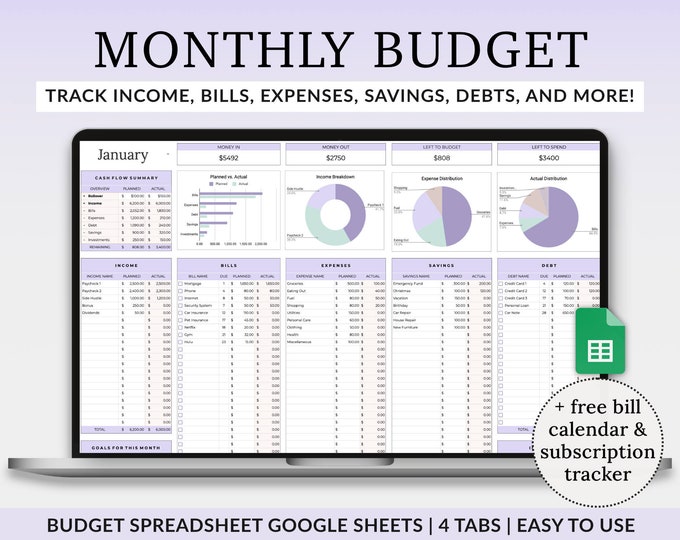 Monthly Budget Spreadsheet Template for Google Sheets Plus Transaction ...