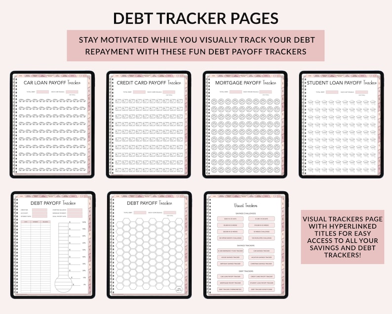 Op de afbeelding: Een set afdrukbare schuldtrackerpagina's met verschillende ontwerpen, waaronder een autolening-, creditcard-, hypotheek- en studieleningtracker. De pagina's zijn ontworpen om u te helpen uw schuldaflossing visueel te volgen.