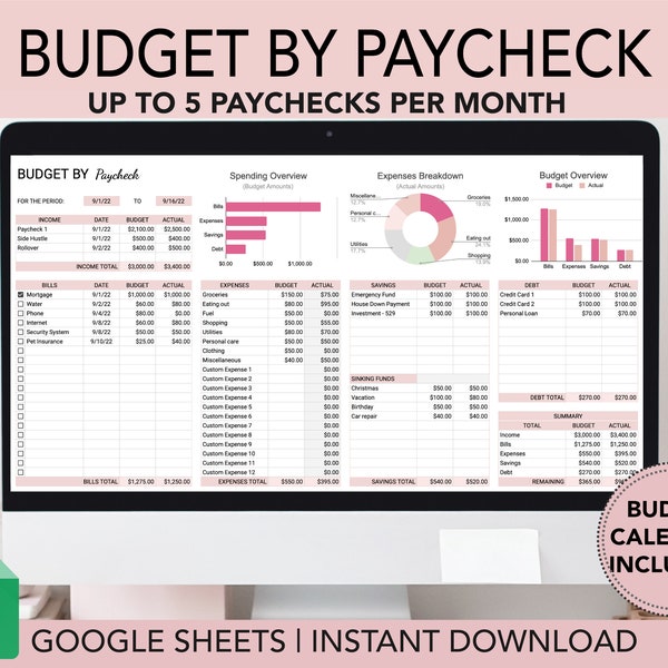 Budget by Paycheck Spreadsheet, Google Sheets Budget Template, Bi-weekly Budget Spreadsheet, Budget Tracker,  Budget Template