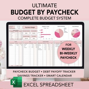 May include: computer with pink and white budget spreadsheet template. The spreadsheet is titled "Budget by Paycheck" and includes sections for income, expenses, and savings.  "Ultimate Budget by Paycheck Complete Bundle" is displayed in spreadsheet. Budget Template, Debt Planner or debt payoff tracker, Sinking Funds and savings tracker, smart bill Calendar" . The text "Budget: Bi-Weekly or Weekly" Paycheck Planner  "Up to 5 Paychecks per Month". "Excel Budget Spreadsheet"