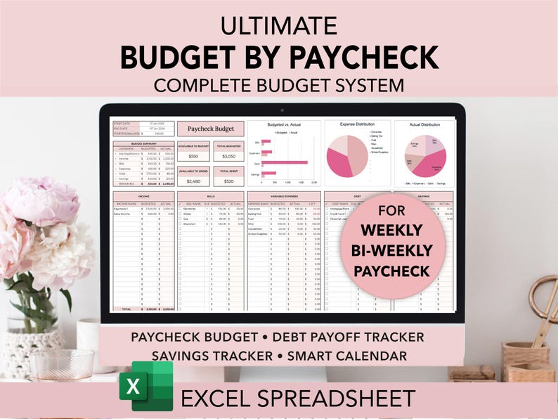 May include: computer with pink and white budget spreadsheet template. The spreadsheet is titled "Budget by Paycheck" and includes sections for income, expenses, and savings.  "Ultimate Budget by Paycheck Complete Bundle" is displayed in spreadsheet. Budget Template, Debt Planner or debt payoff tracker, Sinking Funds and savings tracker, smart bill Calendar" . The text "Budget: Bi-Weekly or Weekly" Paycheck Planner  "Up to 5 Paychecks per Month". "Excel Budget Spreadsheet"