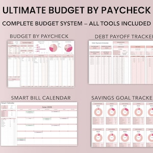 May include: A printable budget planner with four sections: Budget by Paycheck, Debt Payoff Tracker (Debt Snowball Calculator included), Smart Bill Calendar, and Saving Goal Tracker / Sinking Funds Tracker. The planner is designed to help people track their budget, savings, debt, and bills. Complete Budget System, all tools included.