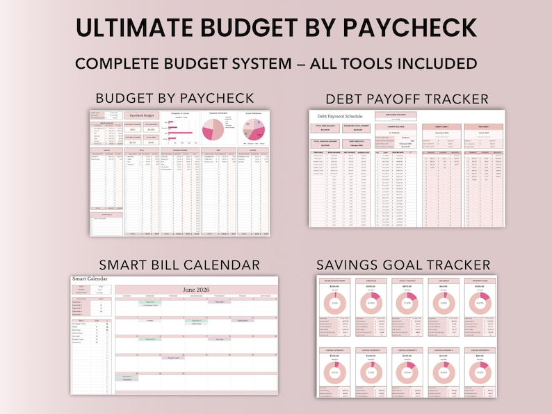 May include: A printable budget planner with four sections: Budget by Paycheck, Debt Payoff Tracker (Debt Snowball Calculator included), Smart Bill Calendar, and Saving Goal Tracker / Sinking Funds Tracker. The planner is designed to help people track their budget, savings, debt, and bills. Complete Budget System, all tools included.
