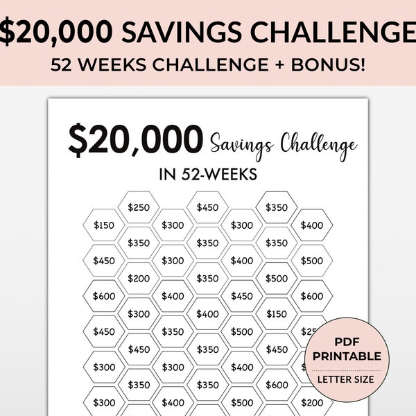 20,000 Money Saving Challenge, 20000 Savings Tracker, Emergency Fund Printable, Money Saving Challenge Printable 20k Savings Challenge chart