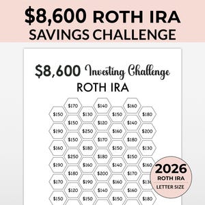8600 Roth IRA 2026 Savings Challenge tracker, 8,600 Savings Tracker, Emergency Fund Printable, Money Saving Challenge Printable, Investment image 1