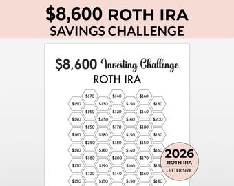 8600 Roth IRA 2026 Savings Challenge tracker, 8,600 Savings Tracker, Emergency Fund Printable, Money Saving Challenge Printable, Investment