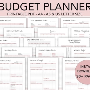 May include: A printable budget planner with 30+ pages. The planner includes sections for financial goals, debt payment, expense tracking, bill payment, savings, cash envelope tracking, sinking funds, paycheck budget, monthly budget, bi-weekly budget, and a 52-week money saving challenge.