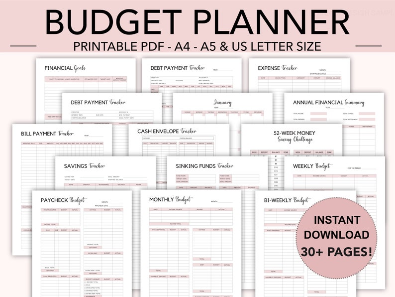 May include: A printable budget planner with 30+ pages. The planner includes sections for financial goals, debt payment, expense tracking, bill payment, savings, cash envelope tracking, sinking funds, paycheck budget, monthly budget, bi-weekly budget, and a 52-week money saving challenge.