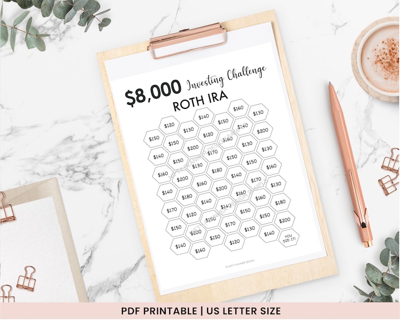 8000 Roth IRA Savings Challenge tracker, 8,000 Savings Tracker, Emergency Fund Printable, Money Saving Challenge Printable, Investment image 3