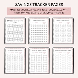 Op de afbeelding: Zes printbare pagina's om spaardoelen bij te houden. Elke pagina heeft een ander spaardoel, waaronder een noodfonds, een auto, een huis, vakantie, verjaardag en kerst. Elke pagina heeft een raster met 100 vierkanten die je kunt inkleuren terwijl je spaart.