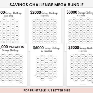 Image for Etsy showing 6 savings challenge printables to save $1000, $2000, $3000, $6000 vacation savings, and 5000 saving challenges printable in 26 and 52 weeks