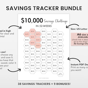 Image showing a 10k Saving Challenge printable and mentioning A6 savings challenge printable or mini saving challenge is also available.