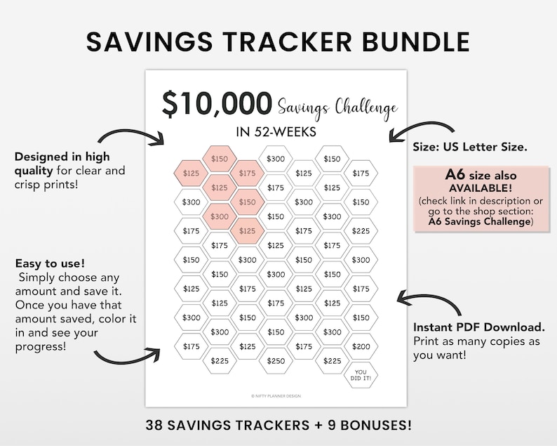 Image showing a 10k Saving Challenge printable and mentioning A6 savings challenge printable or mini saving challenge is also available.