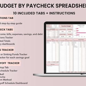 May include: budget spreadsheet with a pink and gray color scheme. The planner includes sections for income, bills, expenses, savings, and debt. It also features charts and graphs to help you track your spending and savings. The budget by paycheck includes instructions tab, budgeting for up to 5 paychecks, savings goal tracker, debt payoff tracker and debt dashboard spreadsheet.