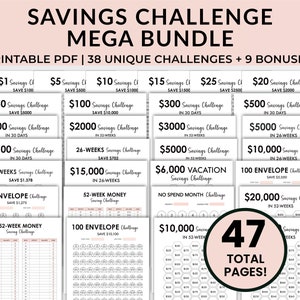 Image showing Money Saving Challenge printables that include 5000 savings challenge, 10k saving printable, and A6 savings challenge printable mini saving challenge.