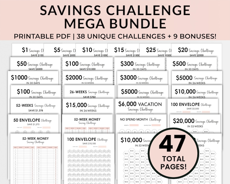 Image showing Money Saving Challenge printables that include 5000 savings challenge, 10k saving printable, and A6 savings challenge printable mini saving challenge.