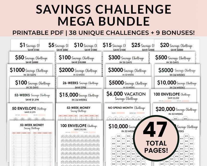 Image showing Money Saving Challenge printables that include 5000 savings challenge, 10k saving printable, and A6 savings challenge printable mini saving challenge.