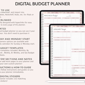Op de afbeelding: Een digitale budgetplanner op een tabletscherm. De planner bevat secties voor salarisstroken, inkomsten, uitgaven en besparingen. De planner is niet gedateerd en bevat 132 digitale stickers.