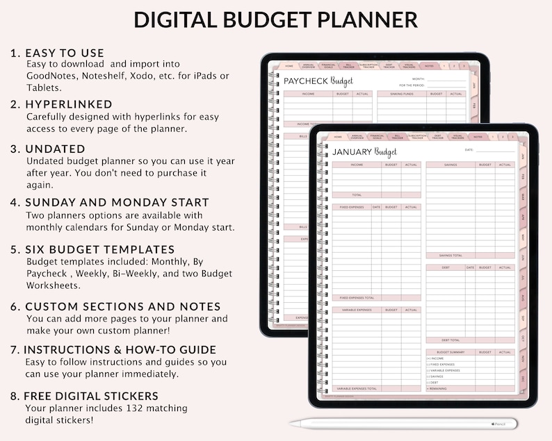 Op de afbeelding: Een digitale budgetplanner op een tabletscherm. De planner bevat secties voor salarisstroken, inkomsten, uitgaven en besparingen. De planner is niet gedateerd en bevat 132 digitale stickers.