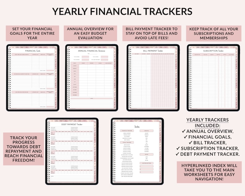 Op de afbeelding: Een set printbare financi&euml;le trackers voor budgettering, factuurbetaling, schuldaflossing en abonnementen. De trackers zijn ontworpen om je te helpen financi&euml;le vrijheid te bereiken. De trackers zijn georganiseerd in een jaarlijks formaat en bevatten een hyperlinked index voor eenvoudige navigatie.