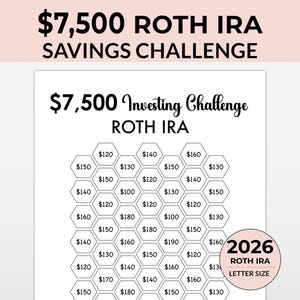 Tracker della sfida di risparmio Roth IRA 2026 da 7500, sfida di risparmio da 7500, fondo di emergenza stampabile, sfida di risparmio di denaro stampabile, immagine 1