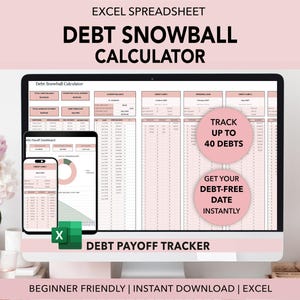 Calculadora de pago de deudas en Excel, Calculadora de bola de nieve para el pago de deudas, Plantilla de hoja de cálculo para el seguimiento de deudas, Planificador de pago de deudas